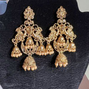 Ethnic Indian Pakistani Gold Jhumka Bridal Champagne Pearl Zircon Earrings